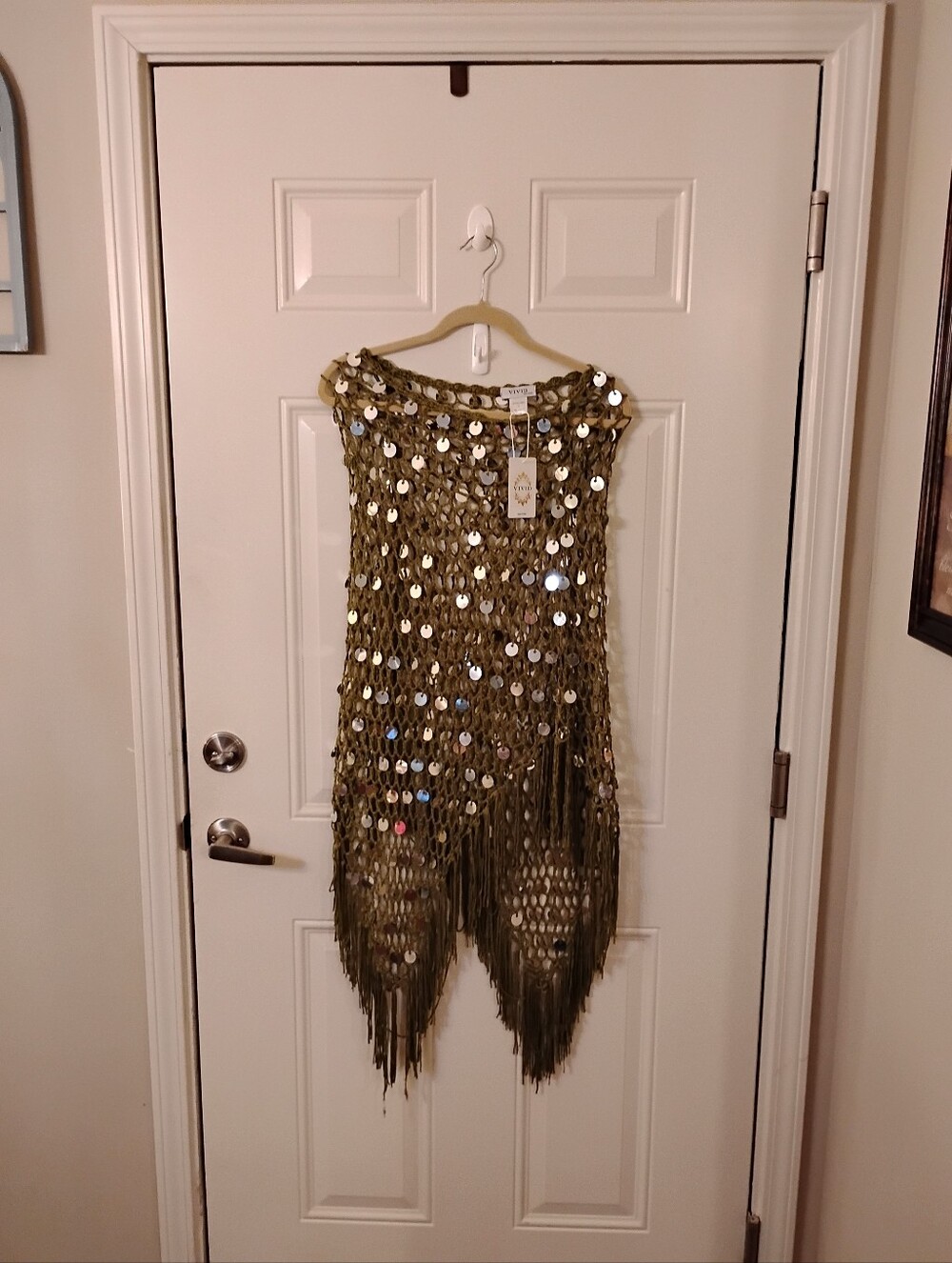 Handmade Olive Green Sequin Fringe Poncho